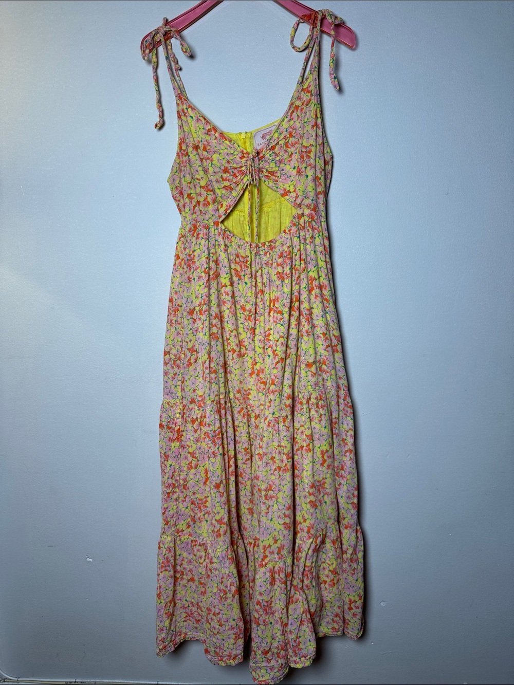 BANJANAN Floral Tie-Shoulder Front Cutout Midi Dress Pink Yellow Cotton Garden M